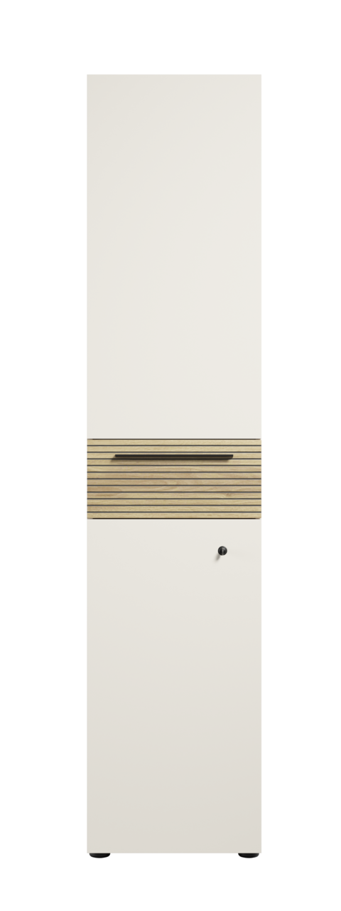 Aktenschrank mit Schloss, Frontansicht, weiß mit Holzdetails