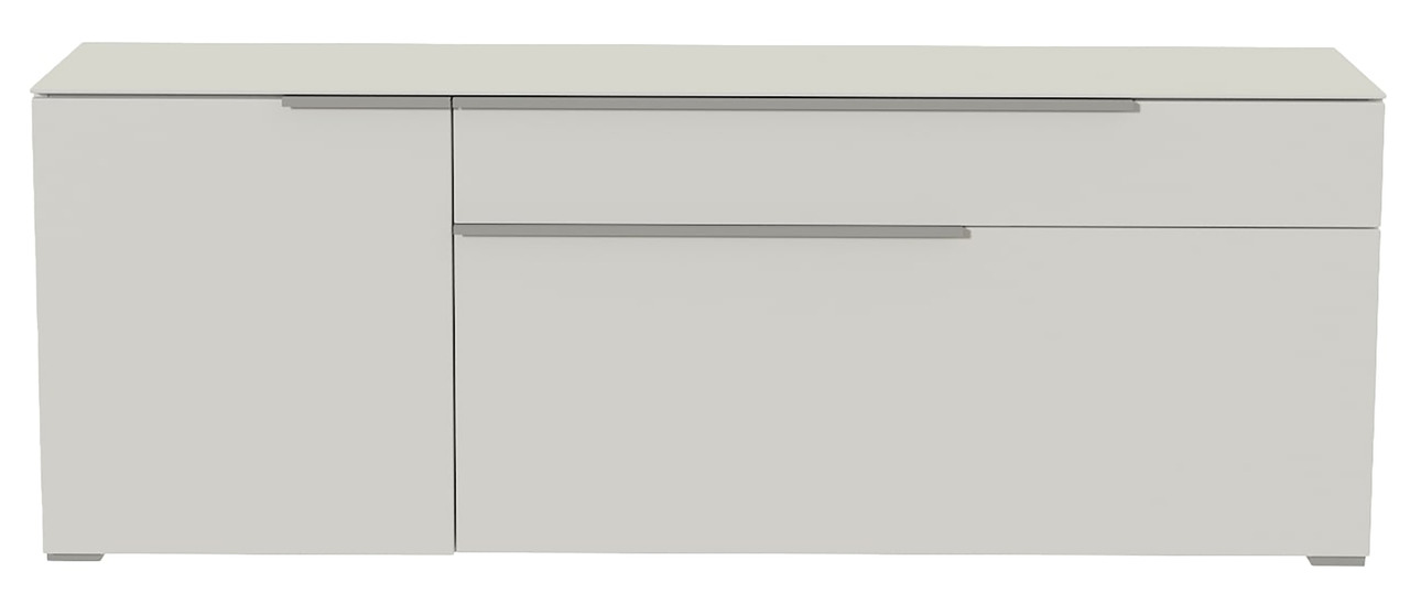 Modernes TV-Lowboard in Weiß mit zwei Türen und einer Schublade, frontale Ansicht