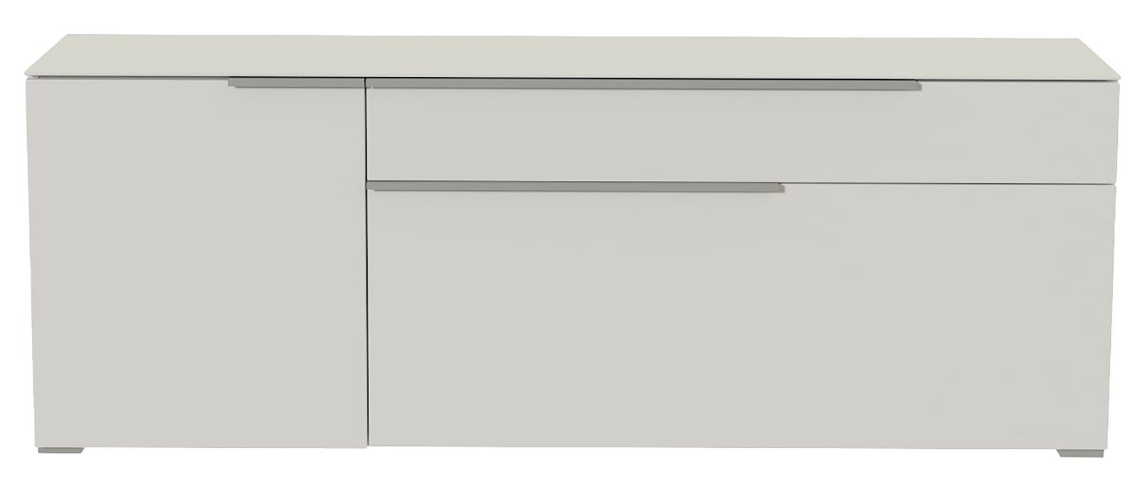 Modernes TV-Lowboard in Weiß mit zwei Türen und einer Schublade, frontale Ansicht
