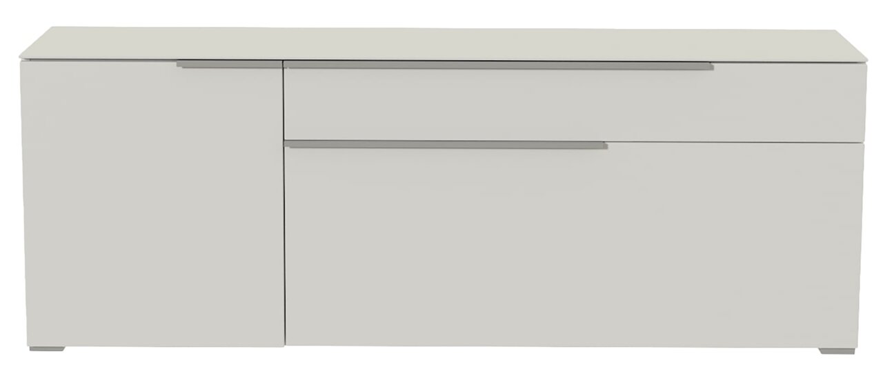 Modernes TV-Lowboard in Weiß mit zwei Türen und einer Schublade, frontale Ansicht