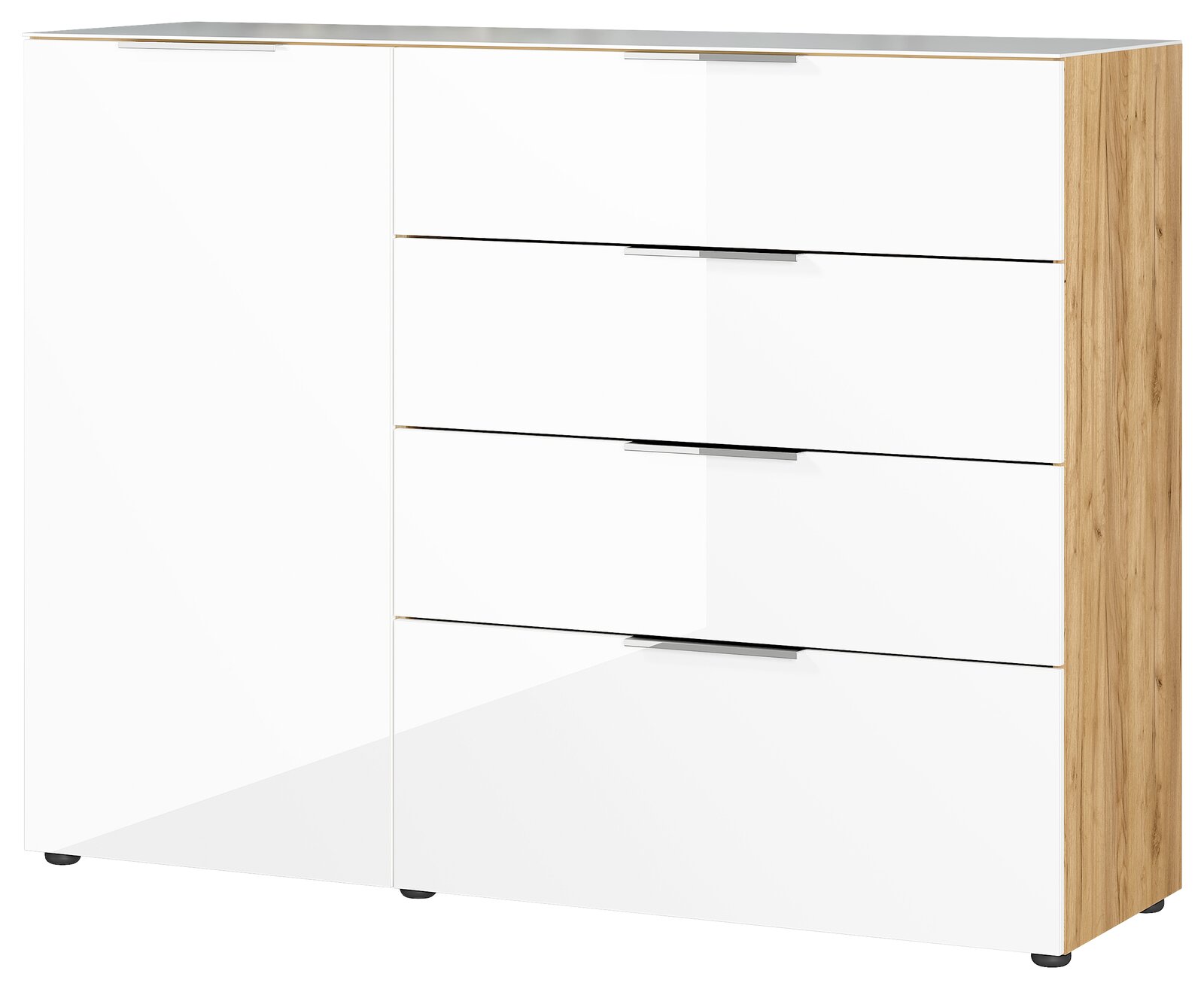 Modernes Sideboard mit weißer Hochglanzfront und Holzseiten, Perspektive von vorne rechts