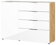 Modernes Sideboard mit weißer Hochglanzfront und Holzseiten, Perspektive von vorne rechts