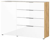 Modernes Sideboard mit weißer Hochglanzfront und Holzseiten, Perspektive von vorne rechts