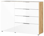 Modernes Sideboard mit weißer Hochglanzfront und Holzseiten, Perspektive von vorne rechts