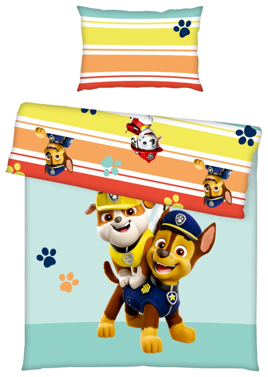 Renforcé-beddengoed met kleurrijke strepen en Paw Patrol-motieven, vooraanzicht
