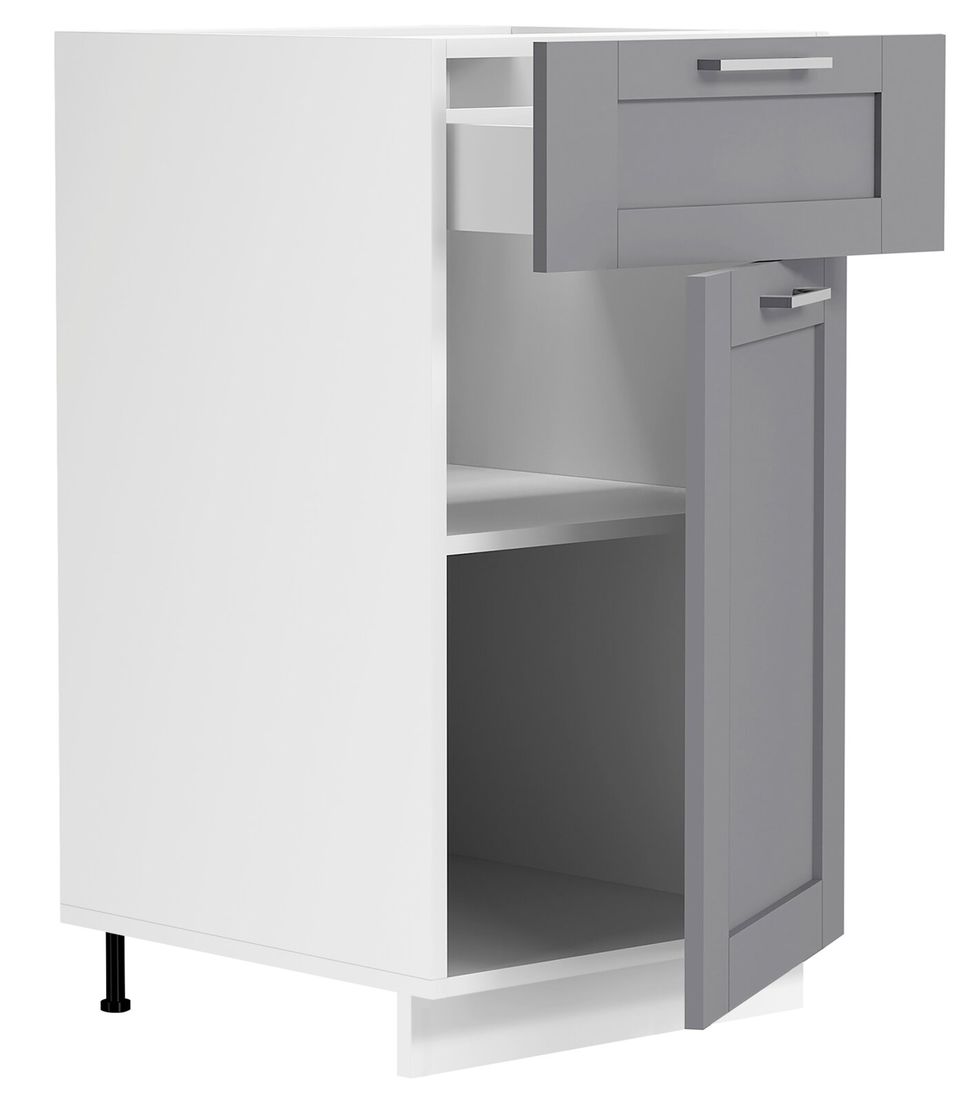 VCM Unterschrank Schublade 40 cm COLURA Moderner Küchen-Unterschrank in Weiß mit grauer Front, Schublade und geöffneter Tür, Innenregalen und Metallgriffen, gezeigt in schräger Vorderansicht von rechts
