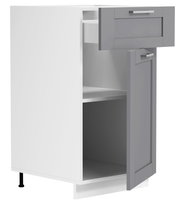 Moderner Küchen-Unterschrank in Weiß mit grauer Front, Schublade und geöffneter Tür, Innenregalen und Metallgriffen, gezeigt in schräger Vorderansicht von rechts