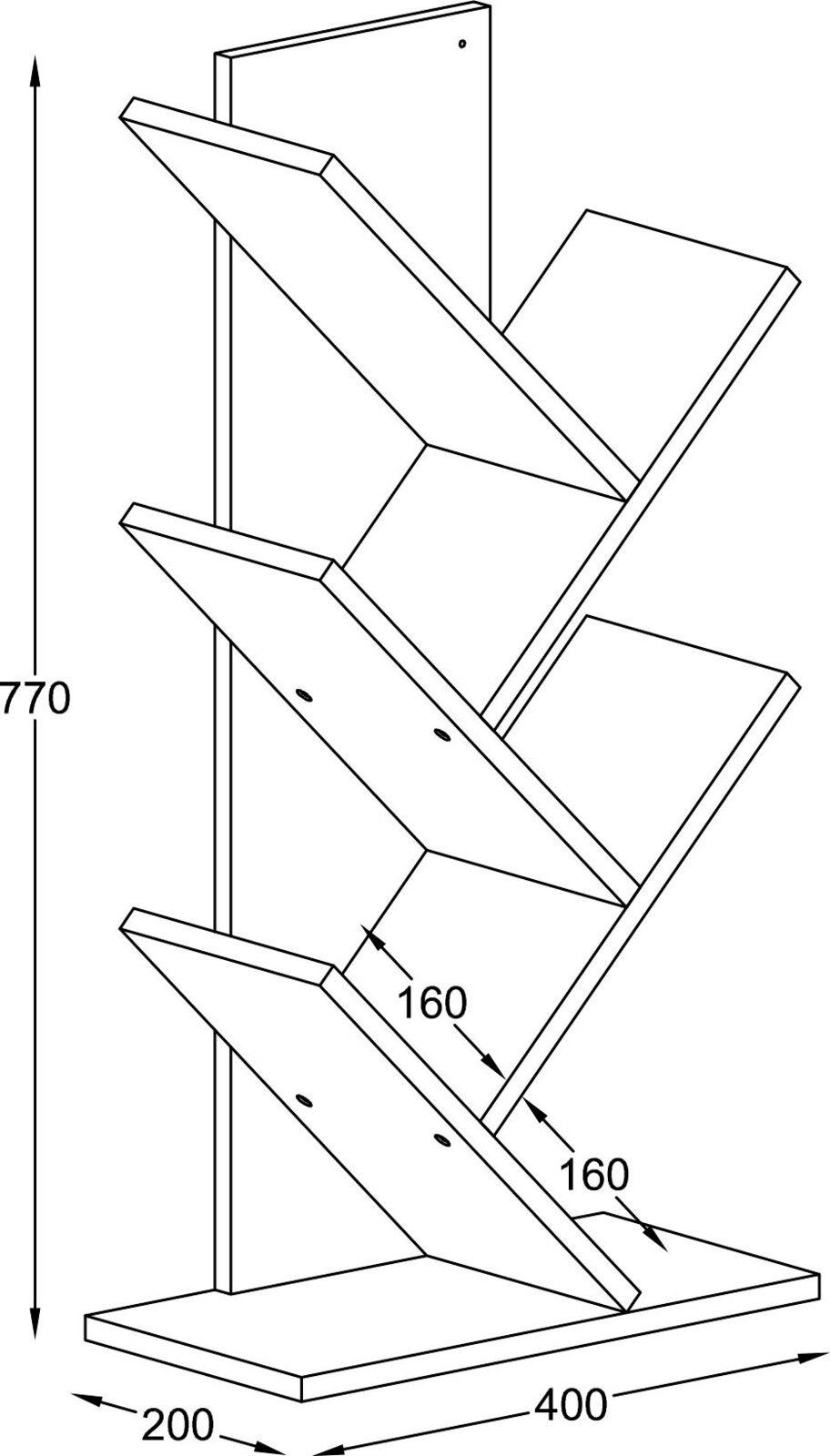 Technische Strichzeichnung eines schrägen Prospekt- bzw. Zeitschriftenständers mit drei Ablagen, Maße ca. 770 mm Höhe und 400 x 200 mm Grundfläche, dargestellt in schräger Seitenansicht (isometrische Perspektive).