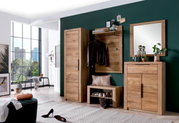 Moderne Garderobeneinrichtung aus Holz mit Schuhschrank, Spiegel, Garderobenbank und Garderobenpaneel in einem stilvollen Raum mit großem Fenster. Perspektive: Frontalansicht.