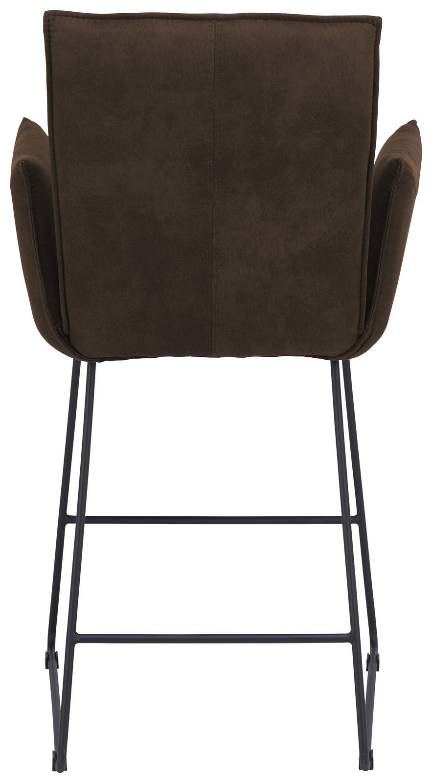 Rückansicht eines Tresensessels mit braunem Stoffbezug und schwarzem Metallgestell.