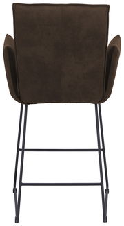 Rückansicht eines Tresensessels mit braunem Stoffbezug und schwarzem Metallgestell.