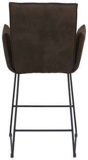 Rückansicht eines Tresensessels mit braunem Stoffbezug und schwarzem Metallgestell.