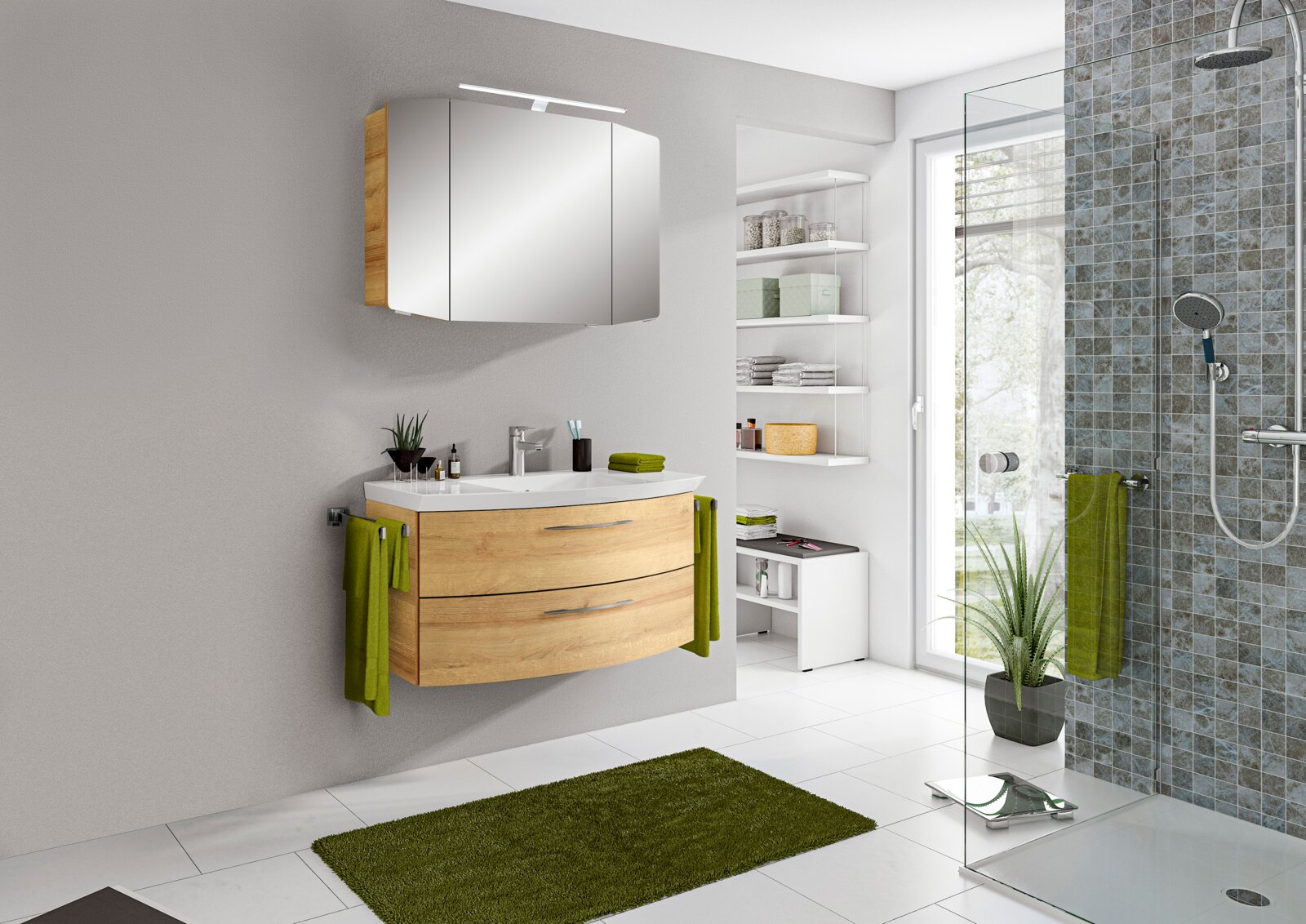 Pelipal Badkombination CASSCA SPRINT Moderne Badkombination mit Holzoptik und grünen Akzenten, seitliche Perspektive
