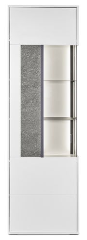 Moderne Vitrine mit Glasfront und Steinoptik, frontal betrachtet