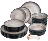 18-teiliges Tafelservice in Beige mit einem modernen, gesprenkelten Design, bestehend aus flachen und tiefen Tellern sowie Schalen, aus einer frontalen Perspektive fotografiert.