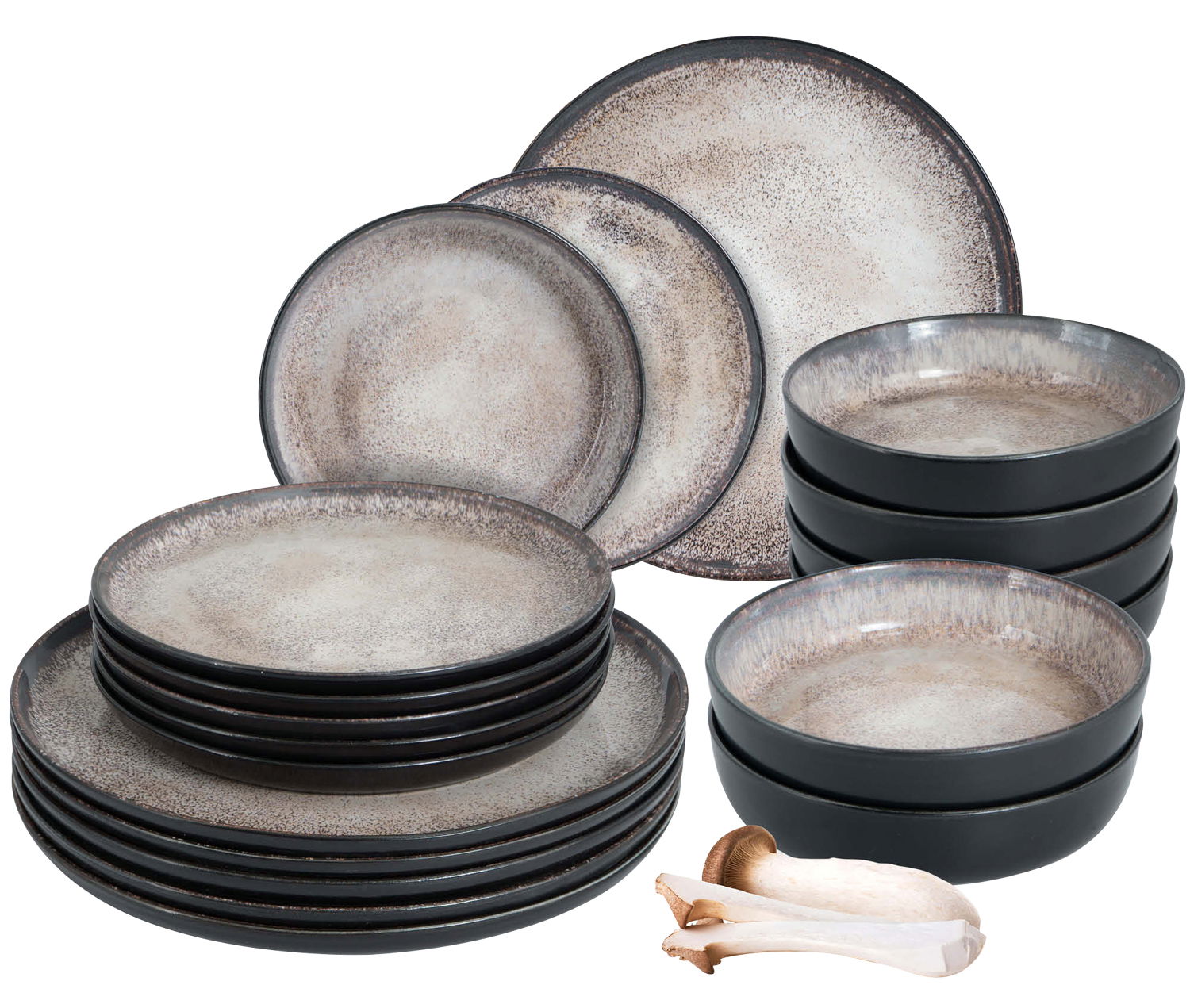 18-teiliges Tafelservice in Beige mit einem modernen, gesprenkelten Design, bestehend aus flachen und tiefen Tellern sowie Schalen, aus einer frontalen Perspektive fotografiert.