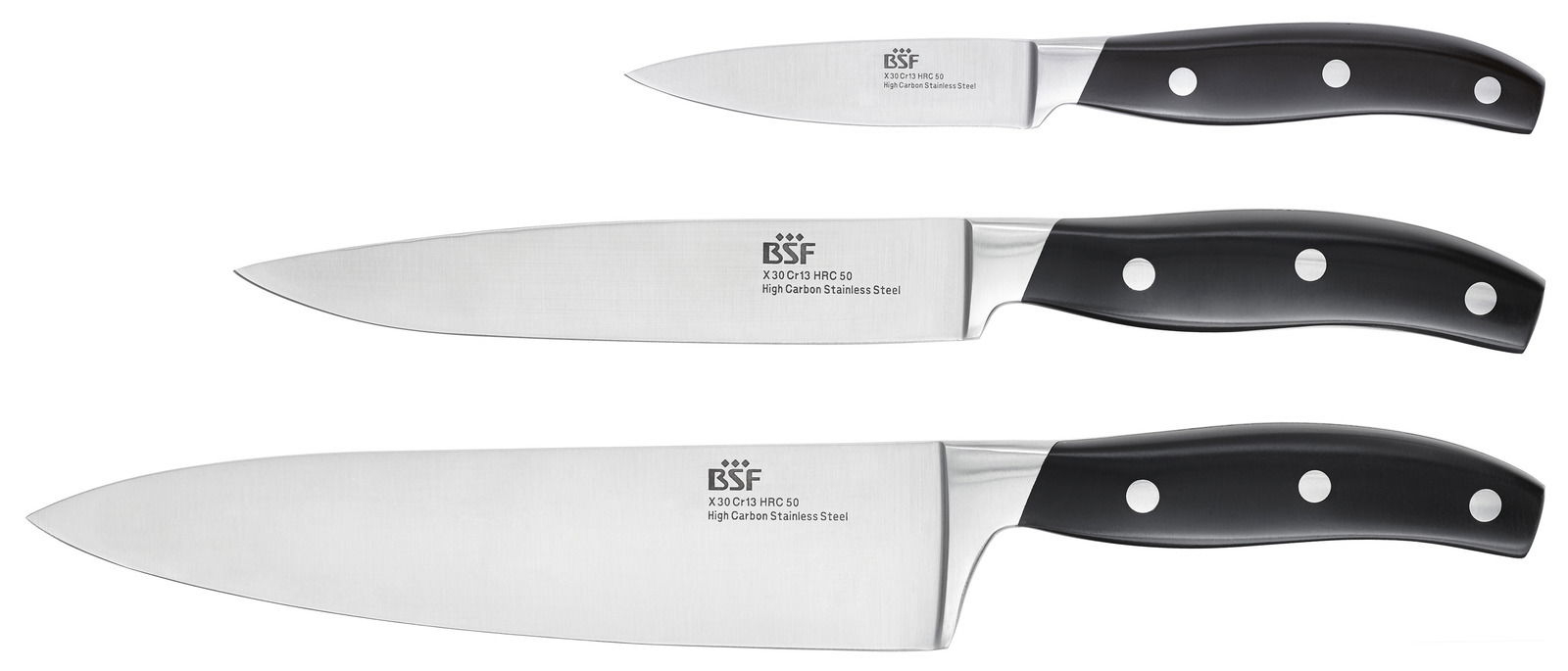 ZWILLING Messerset 3 tlg. Daytona Dreiteiliges Messerset mit schwarzem Griff und Edelstahlklinge, seitliche Ansicht.