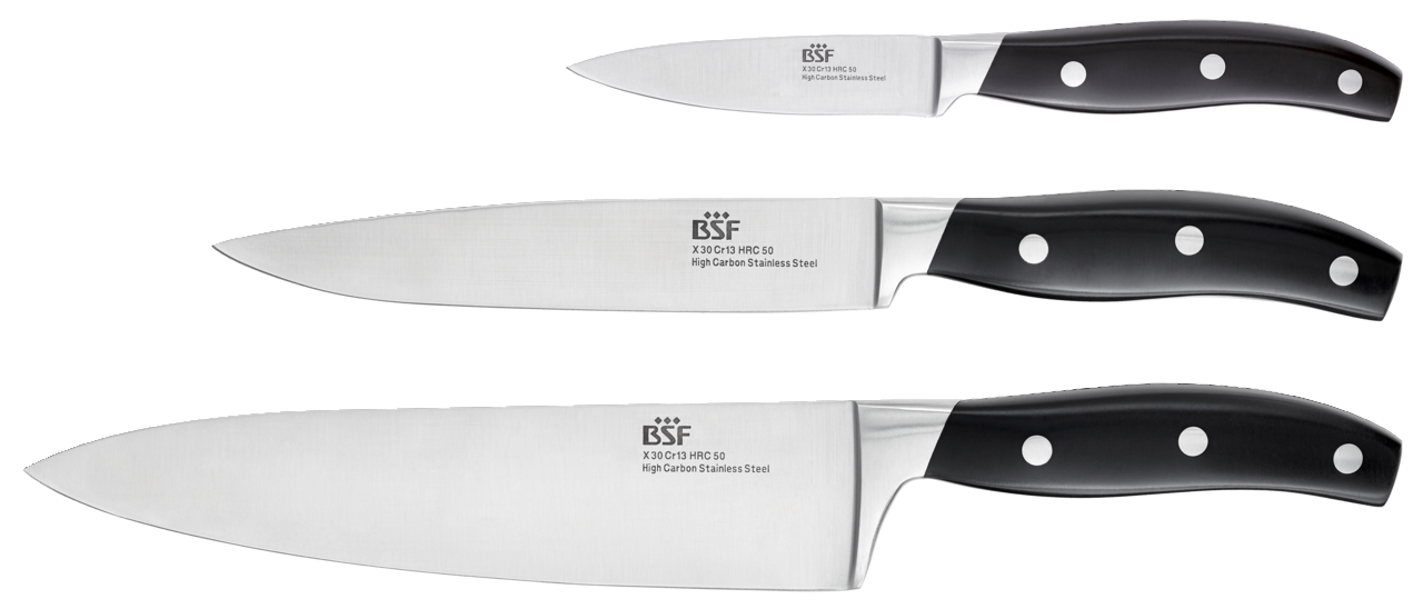 ZWILLING Messerset 3 tlg. Daytona Dreiteiliges Messerset mit schwarzem Griff und Edelstahlklinge, seitliche Ansicht.