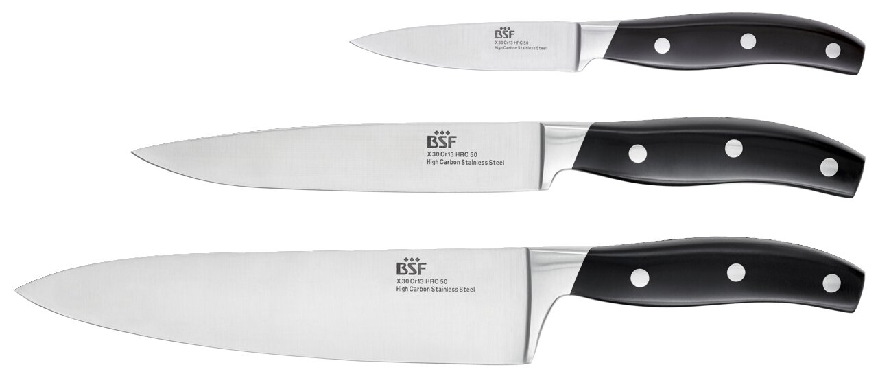 BSF Messerset 3 tlg. Daytona Dreiteiliges Messerset mit schwarzem Griff und Edelstahlklinge, seitliche Ansicht.