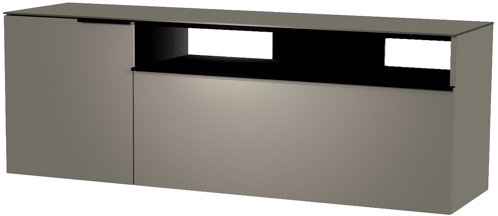 Moderano Hänge-Lowboard Serie BORMIO in seitlicher Perspektive, modernes Design mit offener Ablagefläche.