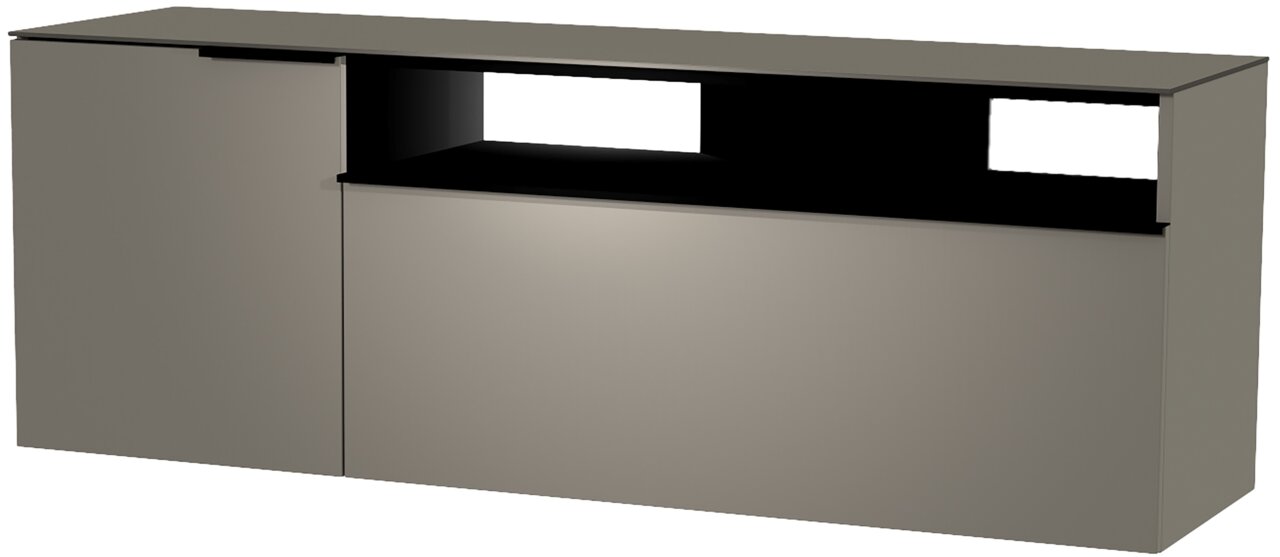 Moderano Hänge-Lowboard Serie BORMIO in seitlicher Perspektive, modernes Design mit offener Ablagefläche.
