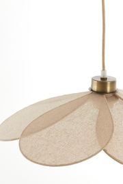 Hängeleuchte FYANO mit blütenförmigem Schirm aus beigem Stoff, seitliche Perspektive