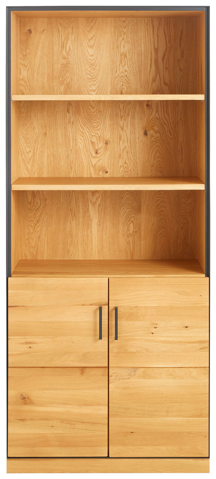 Regalschrank aus hellem Holz mit zwei offenen Regalböden und zwei Türen, Frontalansicht