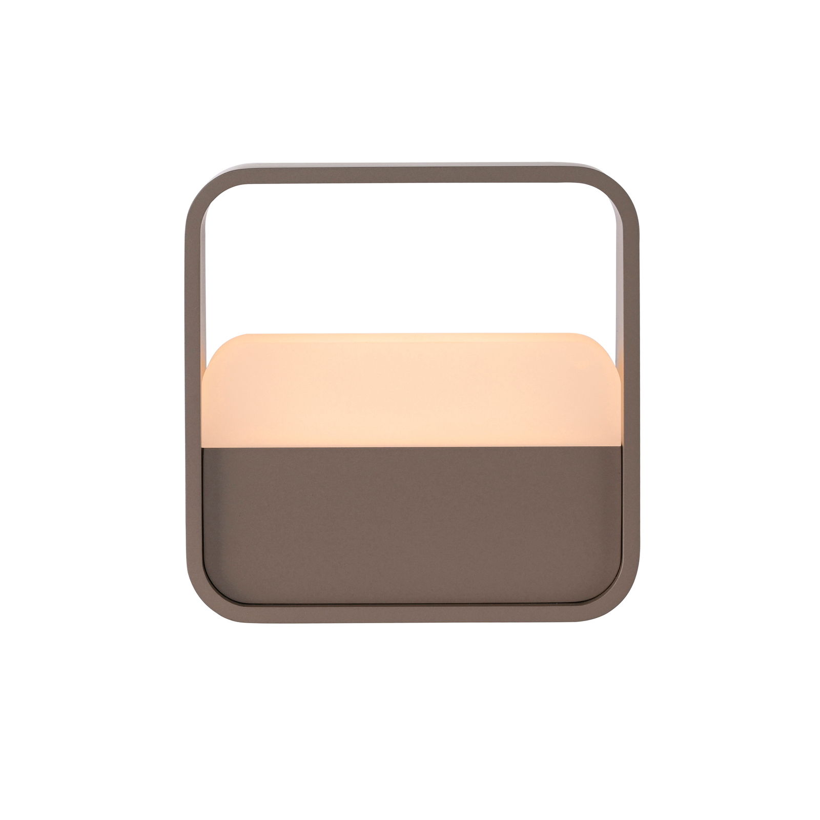 Moderne Tischleuchte PURE Go in quadratischer Form, frontal abgebildet, mit einem eleganten Griff und einem sanften Lichtschein.