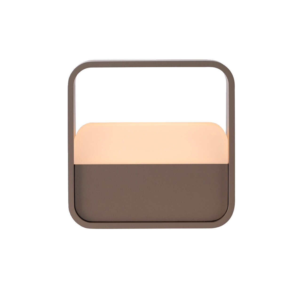Moderne Tischleuchte PURE Go in quadratischer Form, frontal abgebildet, mit einem eleganten Griff und einem sanften Lichtschein.