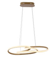 Moderne LED-Pendelleuchte in Goldoptik mit zwei leuchtenden Ring-Elementen, an dünnen Seilen aufgehängt, frontal in leicht schräger Ansicht vor grauem Hintergrund