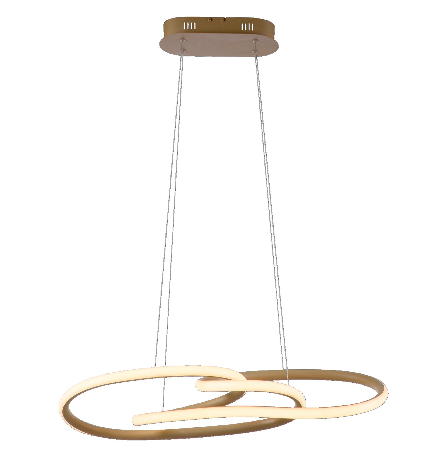 Moderne LED-Pendelleuchte in Goldoptik mit zwei leuchtenden Ring-Elementen, an dünnen Seilen aufgehängt, frontal in leicht schräger Ansicht vor grauem Hintergrund