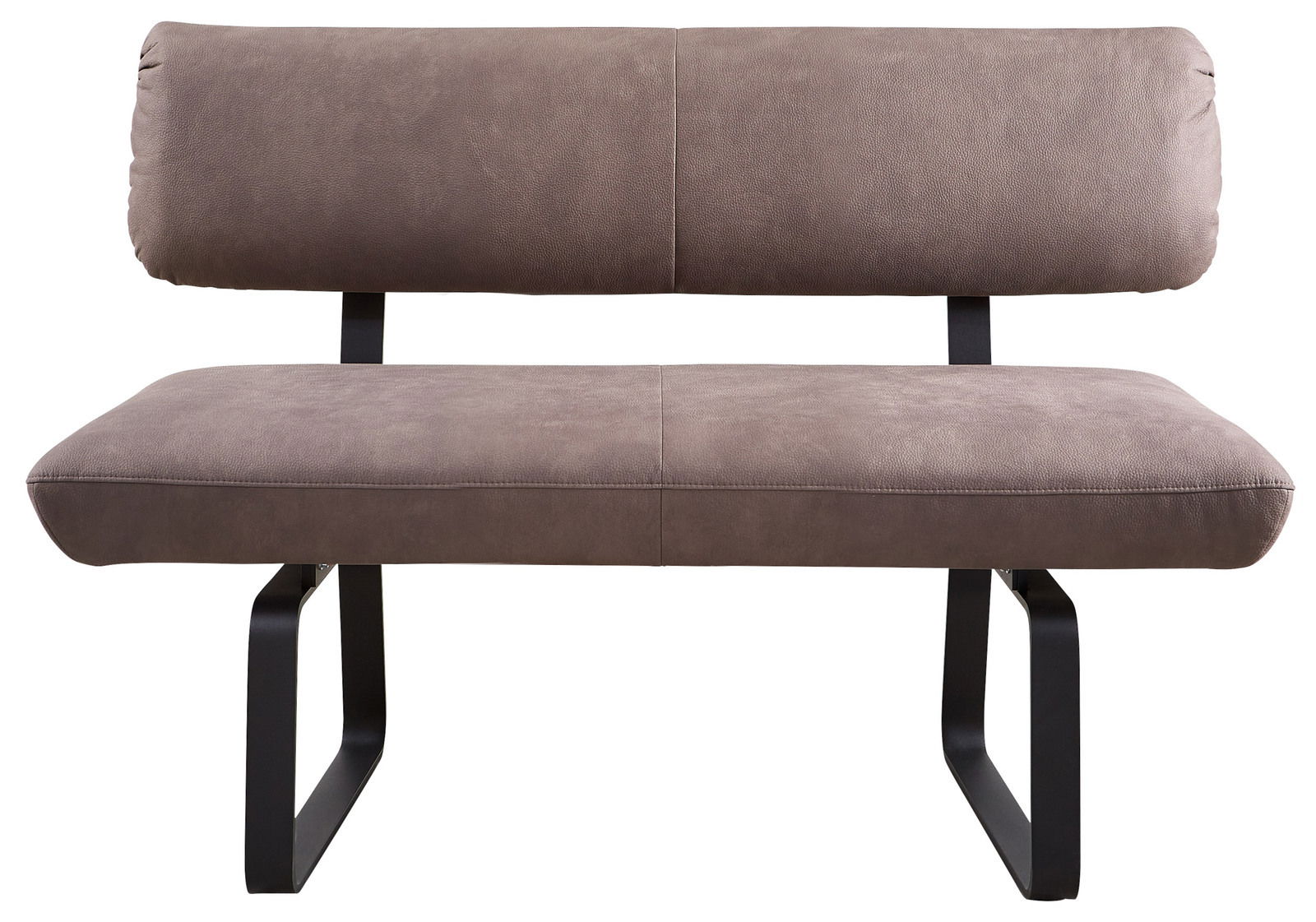 Venjakob Sitzbank 140cm P-7-IMPULS Frontale Ansicht einer modernen Sitzbank mit braunem Polster und schwarzen Metallbeinen.