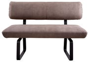 Frontale Ansicht einer modernen Sitzbank mit braunem Polster und schwarzen Metallbeinen.