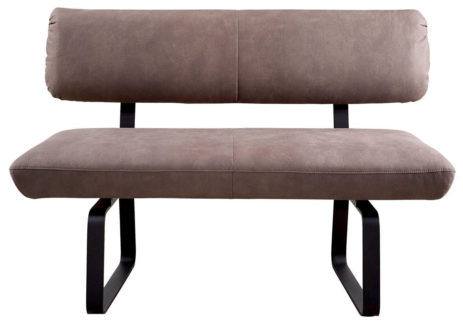 Venjakob Sitzbank 140cm P-7-IMPULS Frontale Ansicht einer modernen Sitzbank mit braunem Polster und schwarzen Metallbeinen.
