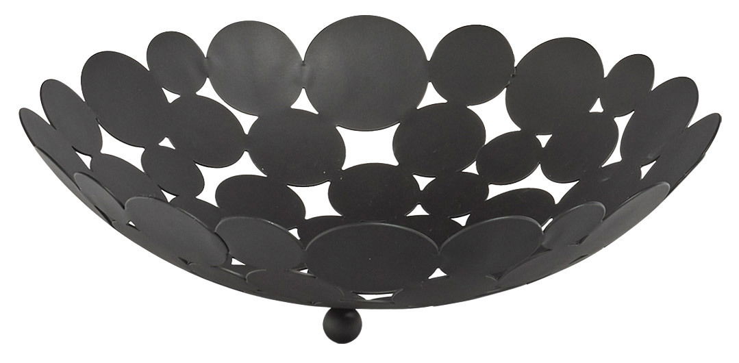 Schwarzer Obstkorb aus Metall mit kreisförmigem Design, seitliche Perspektive