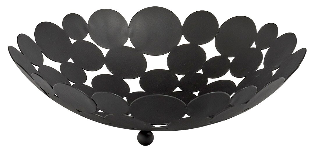Schwarzer Obstkorb aus Metall mit kreisförmigem Design, seitliche Perspektive