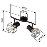 Schwarzer Metallstrahler mit zwei verstellbaren Lampen, geometrischem Design und Deckenmontage, seitliche Perspektive.