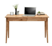 Moderner Schreibtisch aus Holz mit zwei Schubladen, darauf ein Laptop, Bücher und Pflanzen, frontal betrachtet.