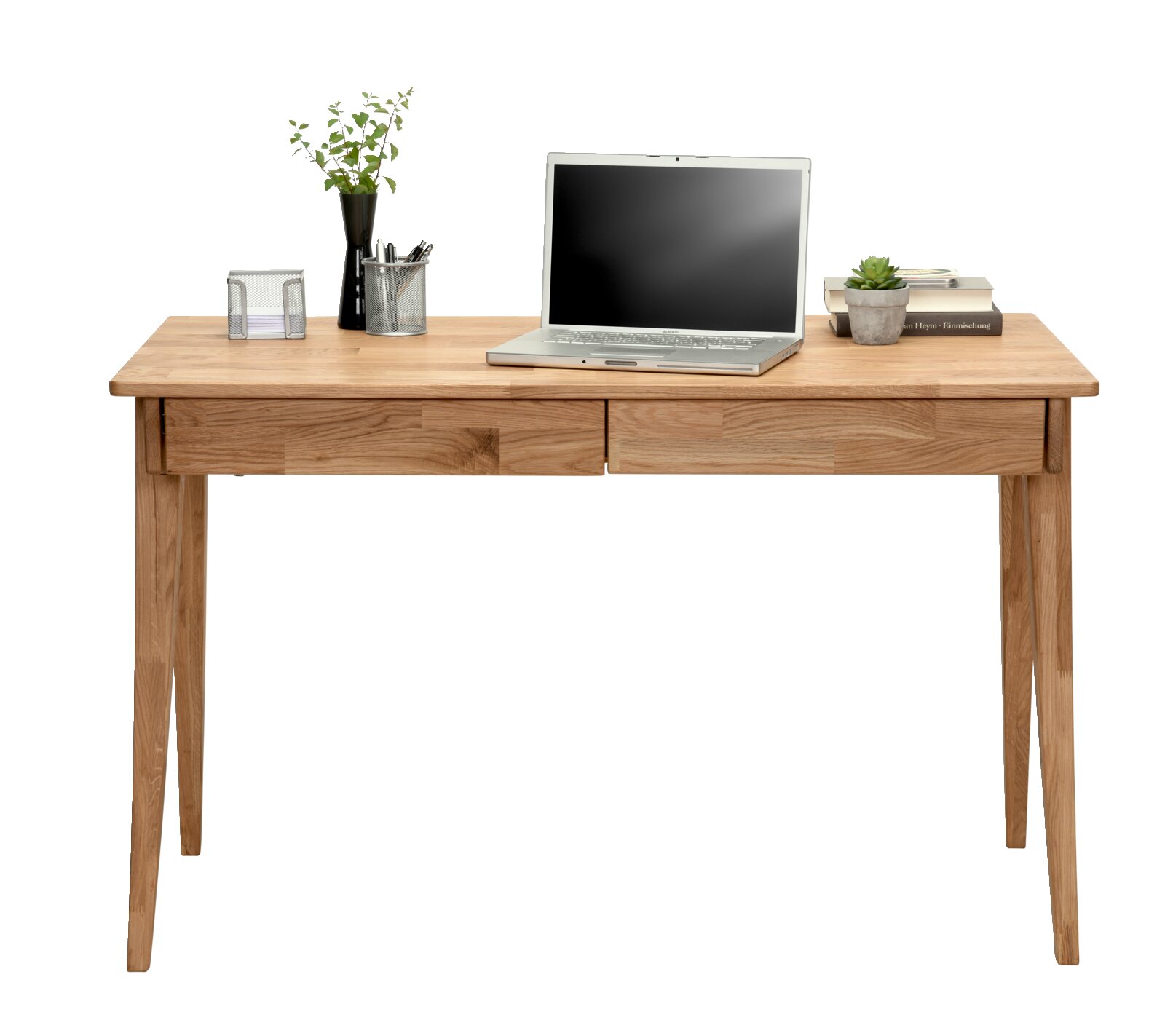 Moderner Schreibtisch aus Holz mit zwei Schubladen, darauf ein Laptop, Bücher und Pflanzen, frontal betrachtet.