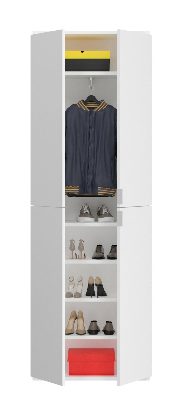 Weiße Garderobenkombination mit geöffneter Tür, zeigt Jacke, Schuhe und Aufbewahrungsboxen, frontale Ansicht.