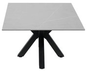 Moderner Couchtisch mit quadratischer, grauer Tischplatte und schwarzem, kreuzförmigem Gestell, frontal betrachtet.