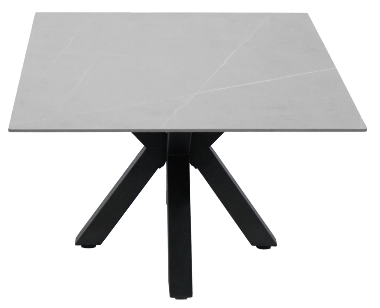 Moderner Couchtisch mit quadratischer, grauer Tischplatte und schwarzem, kreuzförmigem Gestell, frontal betrachtet.