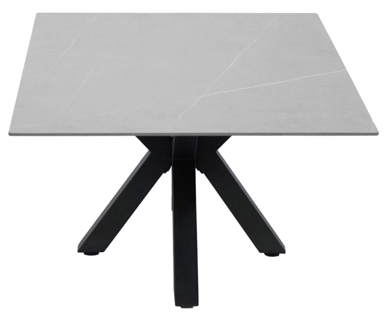 Moderner Couchtisch mit quadratischer, grauer Tischplatte und schwarzem, kreuzförmigem Gestell, frontal betrachtet.
