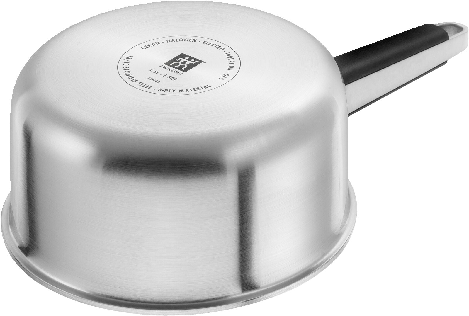 Roestvrijstalen pan met zwart handvat, onderaanzicht met zichtbaar ZWILLING-logo en materiaalbeschrijving.