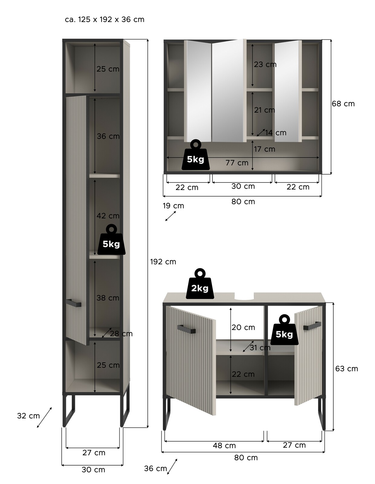 Badkombination bestehend aus einem hohen Schrank, einem Spiegelschrank und einem Unterschrank, alle in moderner, gerippter Optik. Perspektive: Frontalansicht mit Maßangaben.