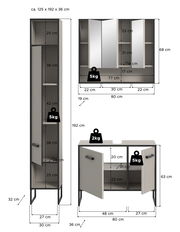 Badkombination bestehend aus einem hohen Schrank, einem Spiegelschrank und einem Unterschrank, alle in moderner, gerippter Optik. Perspektive: Frontalansicht mit Maßangaben.