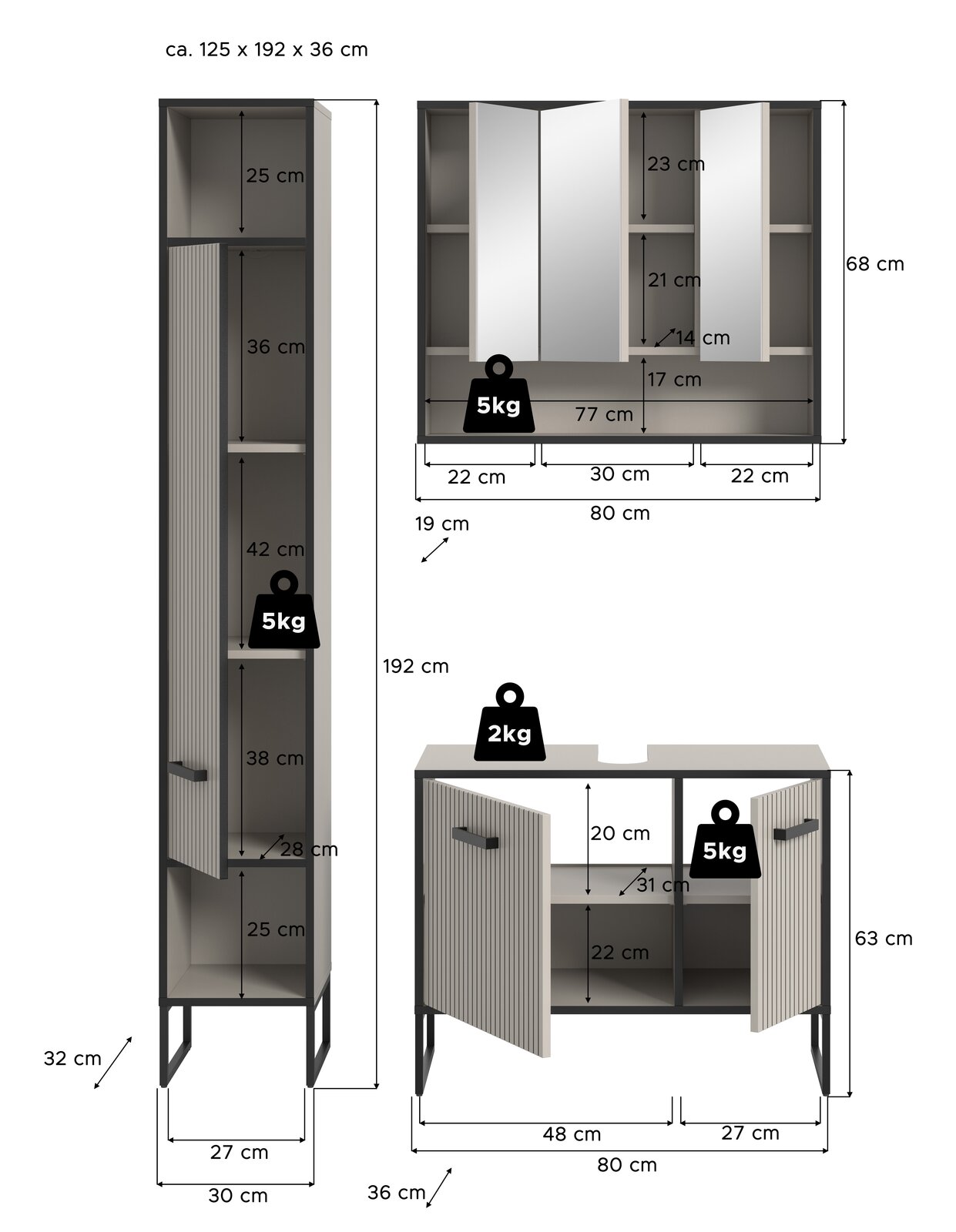 Badkombination bestehend aus einem hohen Schrank, einem Spiegelschrank und einem Unterschrank, alle in moderner, gerippter Optik. Perspektive: Frontalansicht mit Maßangaben.