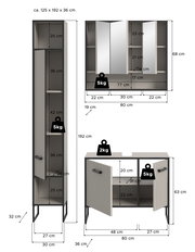 Badkombination bestehend aus einem hohen Schrank, einem Spiegelschrank und einem Unterschrank, alle in moderner, gerippter Optik. Perspektive: Frontalansicht mit Maßangaben.