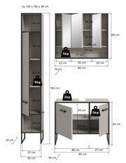Badkombination bestehend aus einem hohen Schrank, einem Spiegelschrank und einem Unterschrank, alle in moderner, gerippter Optik. Perspektive: Frontalansicht mit Maßangaben.