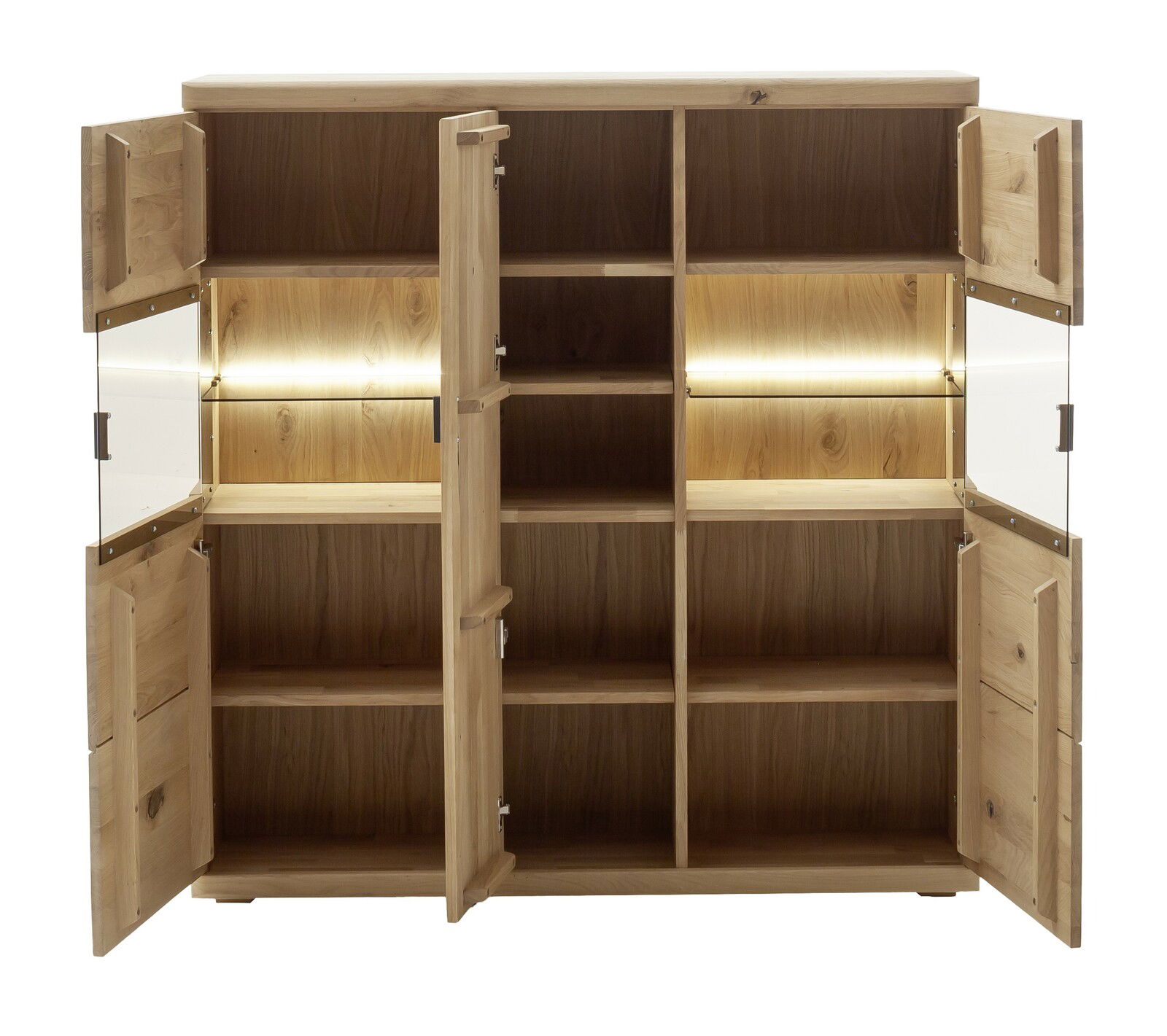 Offenes Highboard aus Holz mit mehreren Fächern und integrierter Beleuchtung, frontale Ansicht